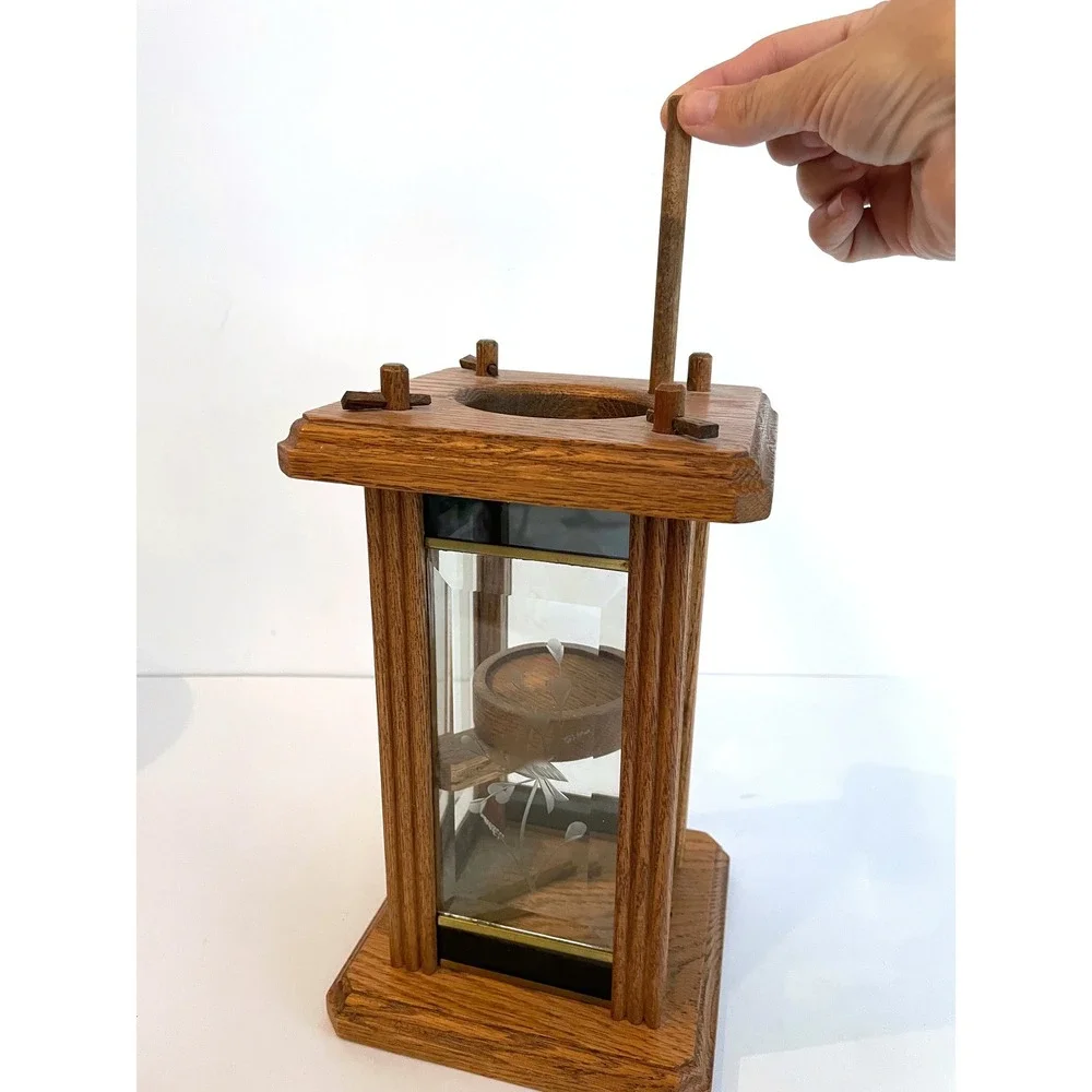 Vintage 80s Oak Wood Etched Glass Bird Lantern Tea Light Candle Holder Handmade